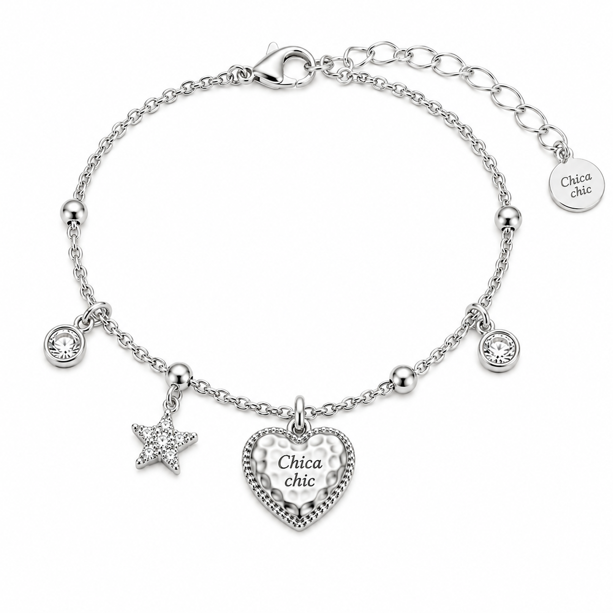 Pulsera Chica Chic – Corazón & Estrella Plateado