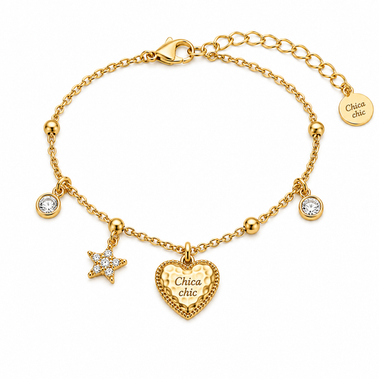 Pulsera Chica Chic – Corazón & Estrella Dorada