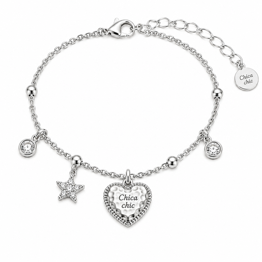 Pulsera Chica Chic – Corazón & Estrella Plateado